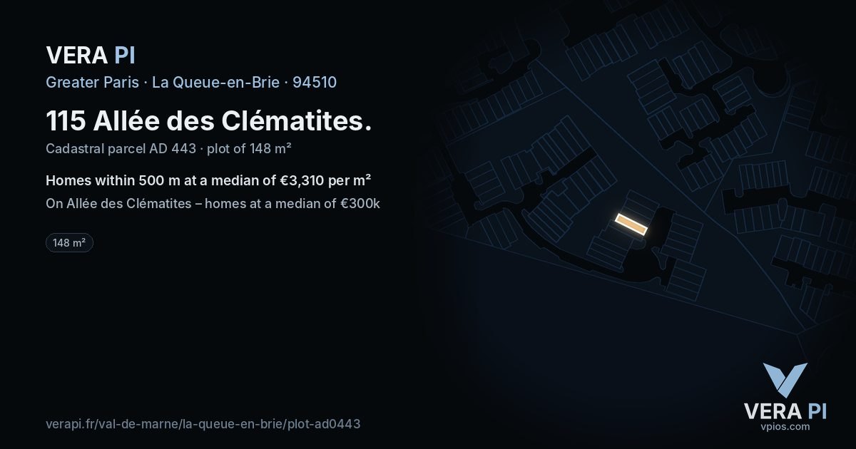 115 Allée des Clématites, La Queue-en-Brie at night – the plot lit, the parcels around coloured by the prices near them