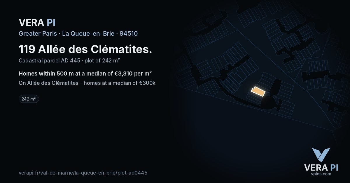 119 Allée des Clématites, La Queue-en-Brie at night – the plot lit, the parcels around coloured by the prices near them