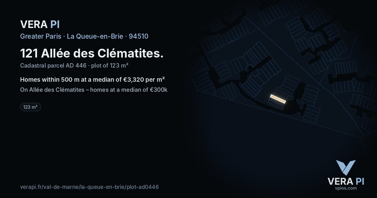 121 Allée des Clématites, La Queue-en-Brie at night – the plot lit, the parcels around coloured by the prices near them