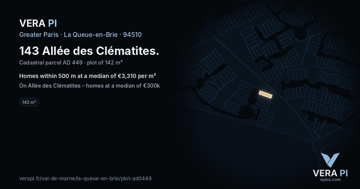 143 Allée des Clématites, La Queue-en-Brie at night – the plot lit, the parcels around coloured by the prices near them