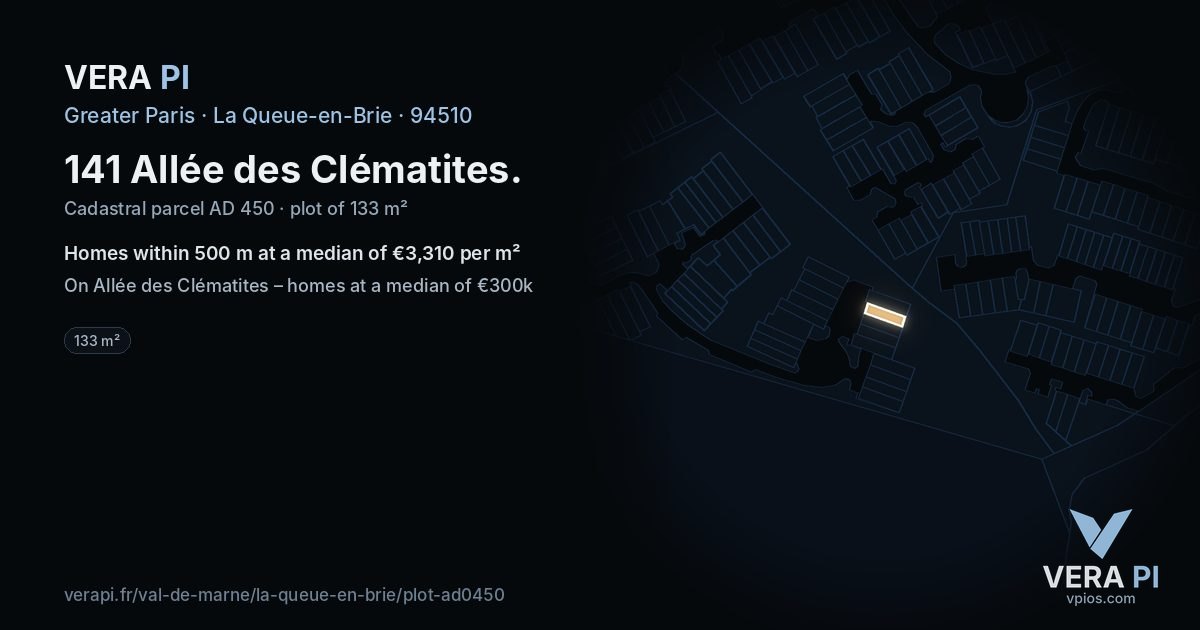 141 Allée des Clématites, La Queue-en-Brie at night – the plot lit, the parcels around coloured by the prices near them