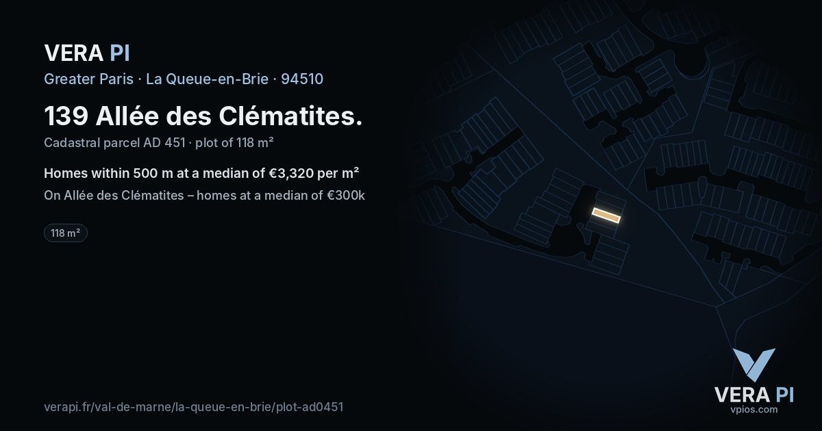 139 Allée des Clématites, La Queue-en-Brie at night – the plot lit, the parcels around coloured by the prices near them