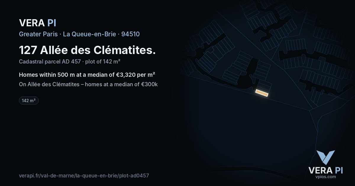 127 Allée des Clématites, La Queue-en-Brie at night – the plot lit, the parcels around coloured by the prices near them
