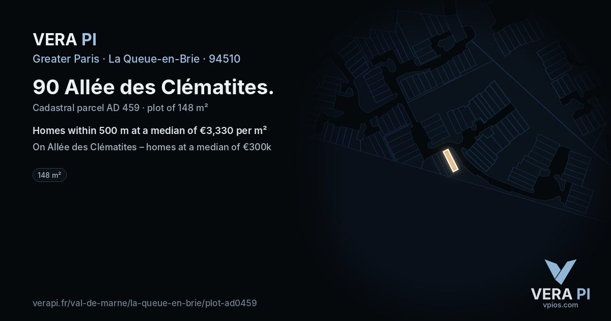 90 Allée des Clématites, La Queue-en-Brie at night – the plot lit, the parcels around coloured by the prices near them