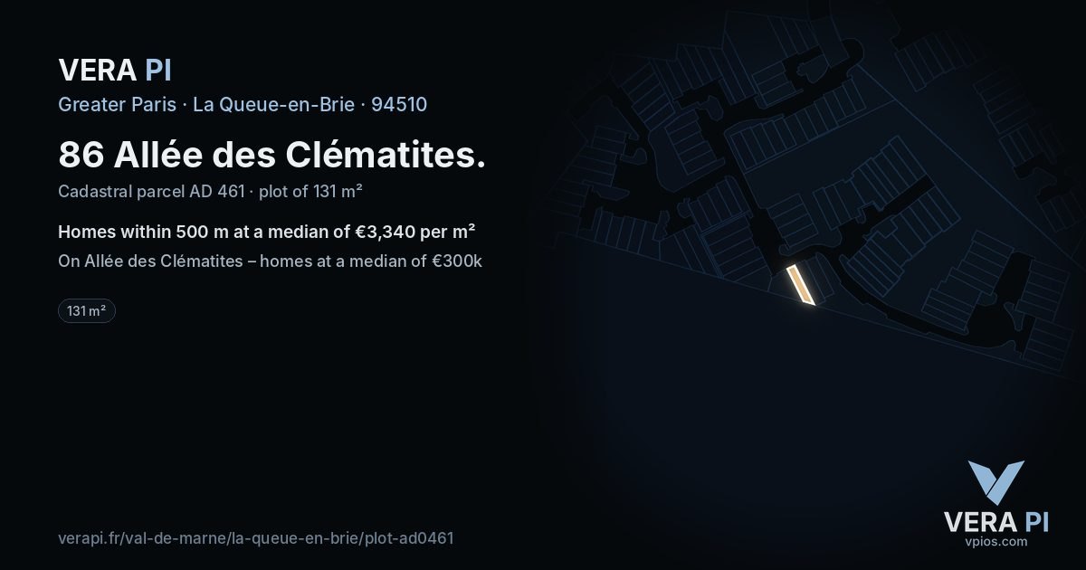 86 Allée des Clématites, La Queue-en-Brie at night – the plot lit, the parcels around coloured by the prices near them