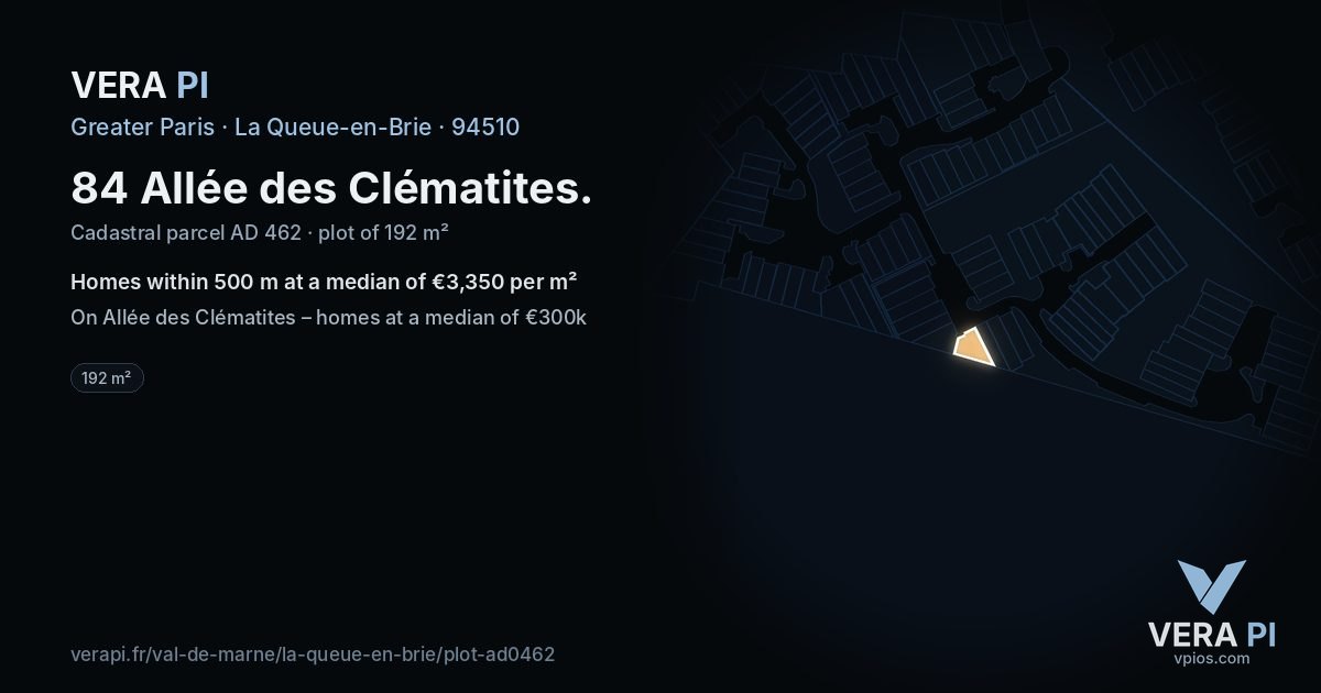 84 Allée des Clématites, La Queue-en-Brie at night – the plot lit, the parcels around coloured by the prices near them