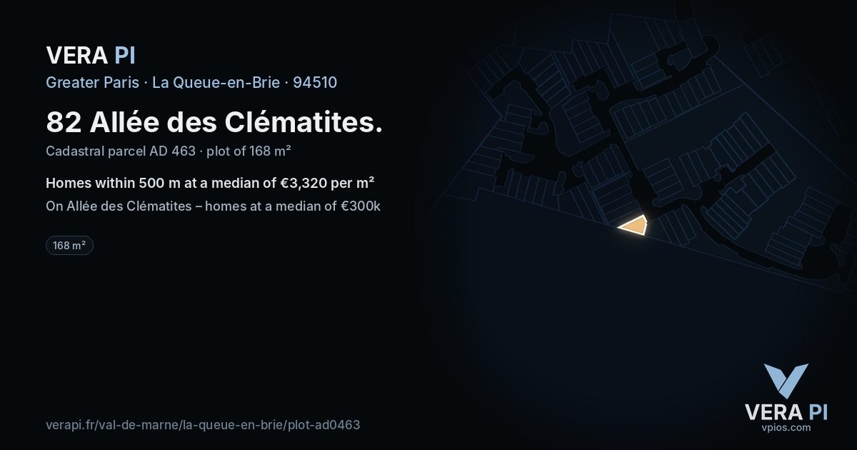 82 Allée des Clématites, La Queue-en-Brie at night – the plot lit, the parcels around coloured by the prices near them