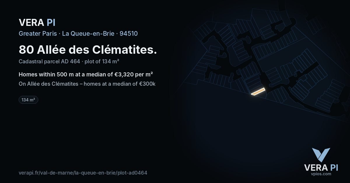 80 Allée des Clématites, La Queue-en-Brie at night – the plot lit, the parcels around coloured by the prices near them