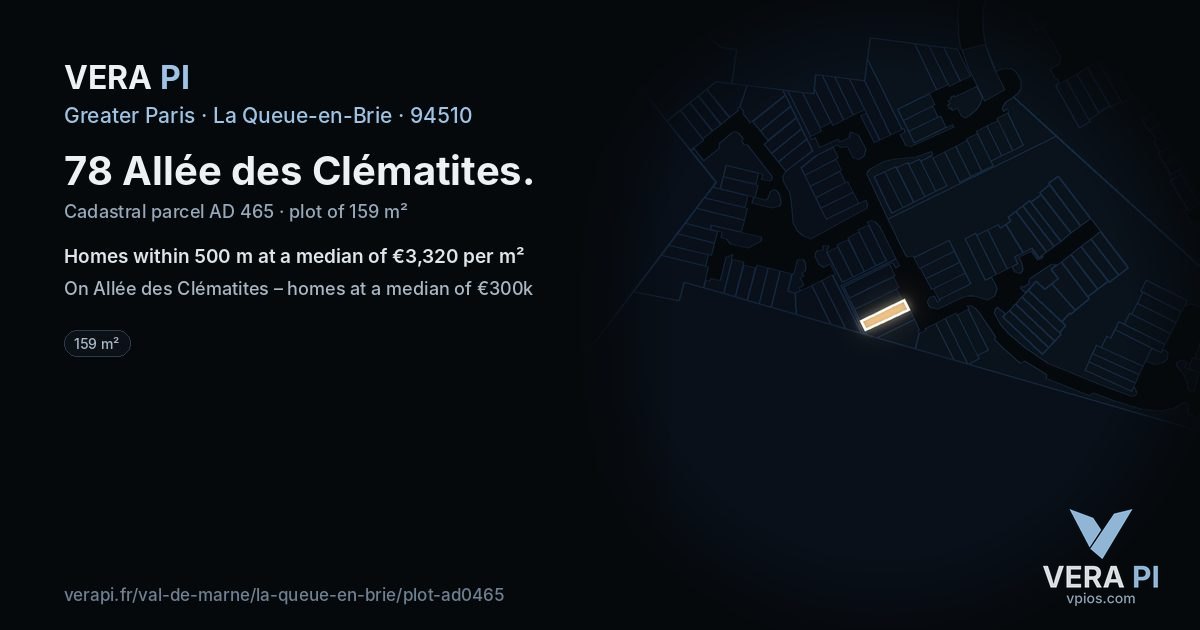 78 Allée des Clématites, La Queue-en-Brie at night – the plot lit, the parcels around coloured by the prices near them
