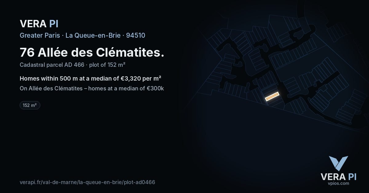 76 Allée des Clématites, La Queue-en-Brie at night – the plot lit, the parcels around coloured by the prices near them