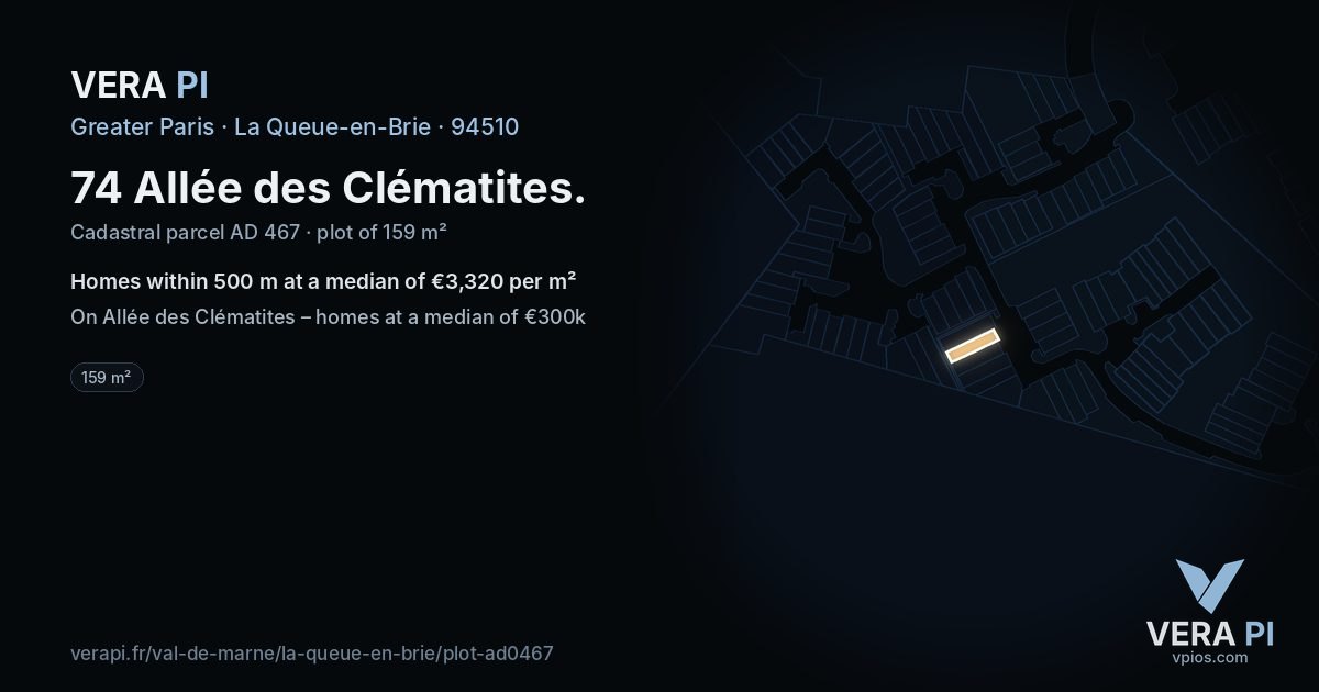 74 Allée des Clématites, La Queue-en-Brie at night – the plot lit, the parcels around coloured by the prices near them