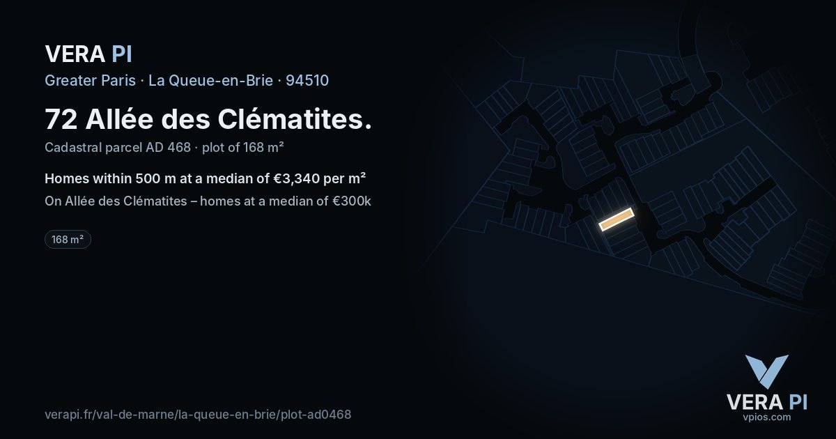 72 Allée des Clématites, La Queue-en-Brie at night – the plot lit, the parcels around coloured by the prices near them
