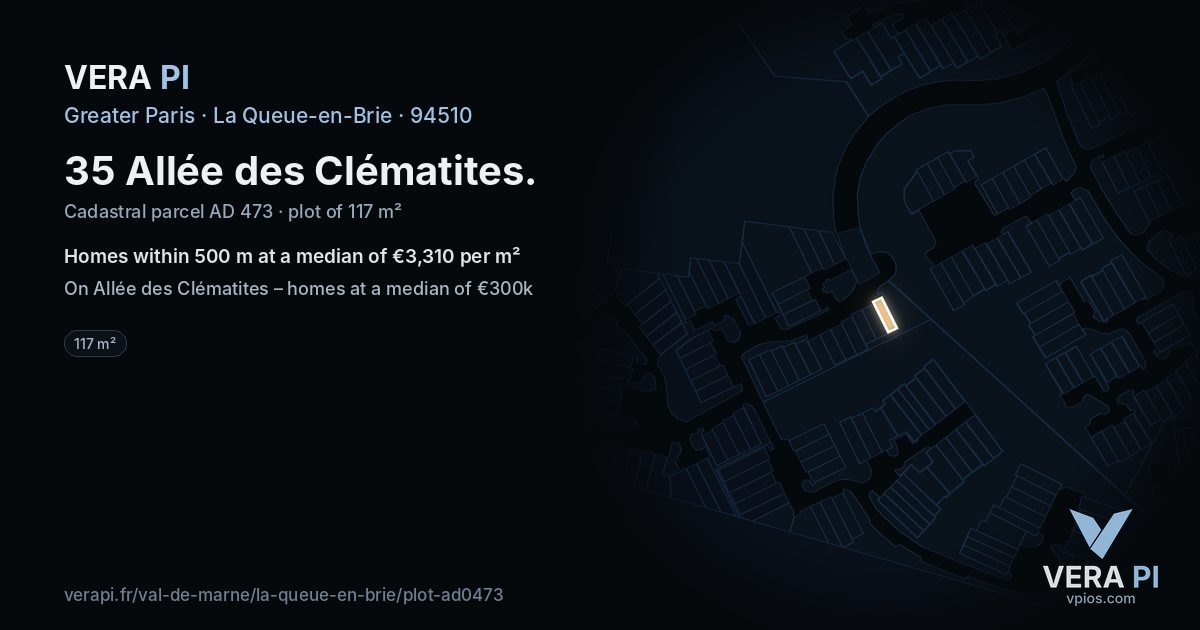 35 Allée des Clématites, La Queue-en-Brie at night – the plot lit, the parcels around coloured by the prices near them