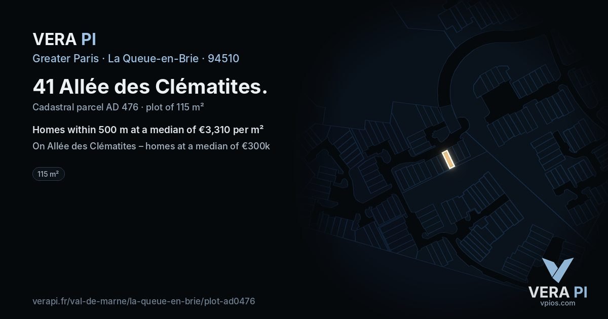 41 Allée des Clématites, La Queue-en-Brie at night – the plot lit, the parcels around coloured by the prices near them