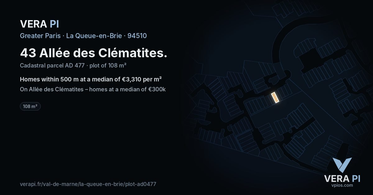 43 Allée des Clématites, La Queue-en-Brie at night – the plot lit, the parcels around coloured by the prices near them