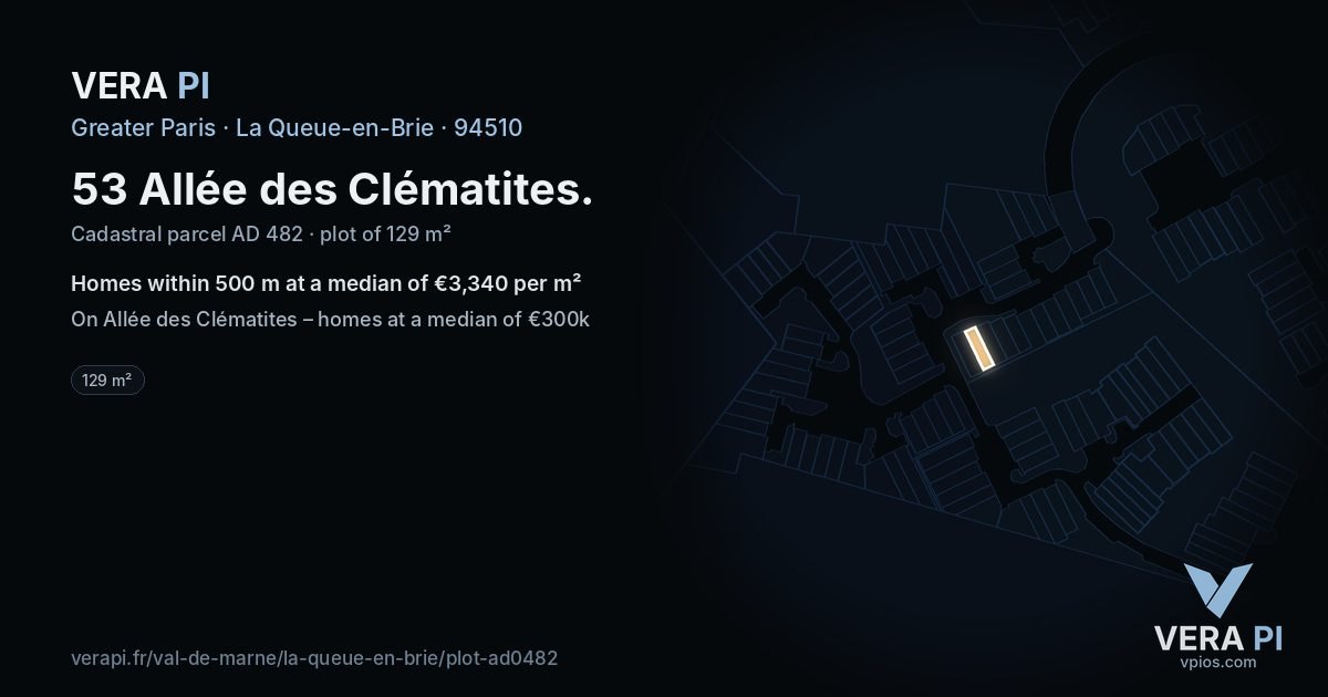 53 Allée des Clématites, La Queue-en-Brie at night – the plot lit, the parcels around coloured by the prices near them