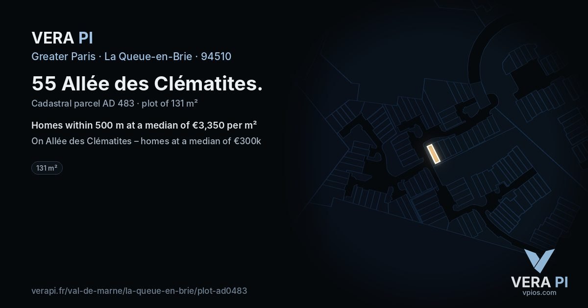 55 Allée des Clématites, La Queue-en-Brie at night – the plot lit, the parcels around coloured by the prices near them
