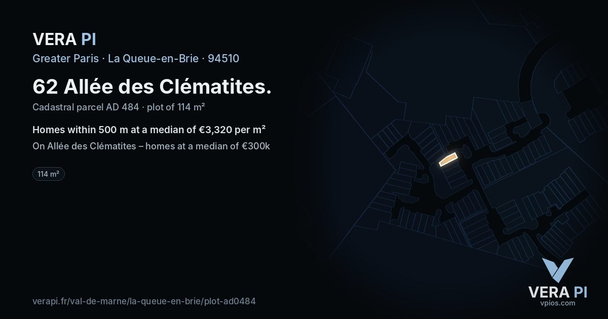 62 Allée des Clématites, La Queue-en-Brie at night – the plot lit, the parcels around coloured by the prices near them