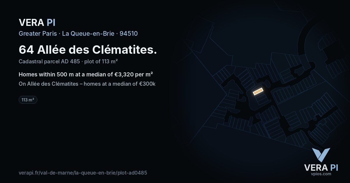 64 Allée des Clématites, La Queue-en-Brie at night – the plot lit, the parcels around coloured by the prices near them