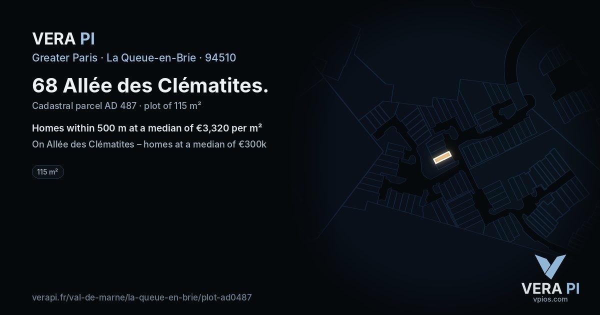 68 Allée des Clématites, La Queue-en-Brie at night – the plot lit, the parcels around coloured by the prices near them