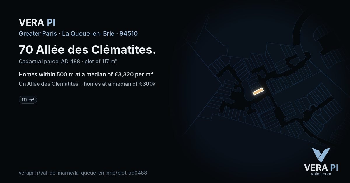 70 Allée des Clématites, La Queue-en-Brie at night – the plot lit, the parcels around coloured by the prices near them