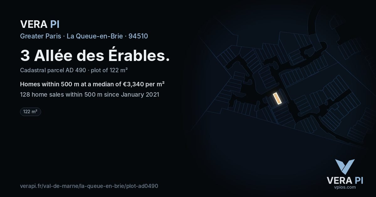 3 Allée des Érables, La Queue-en-Brie at night – the plot lit, the parcels around coloured by the prices near them