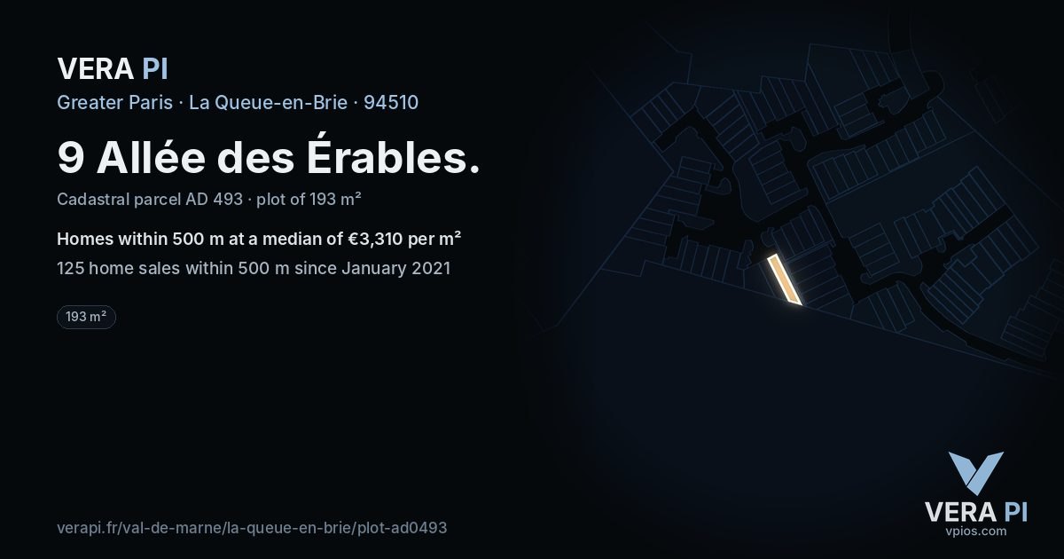 9 Allée des Érables, La Queue-en-Brie at night – the plot lit, the parcels around coloured by the prices near them