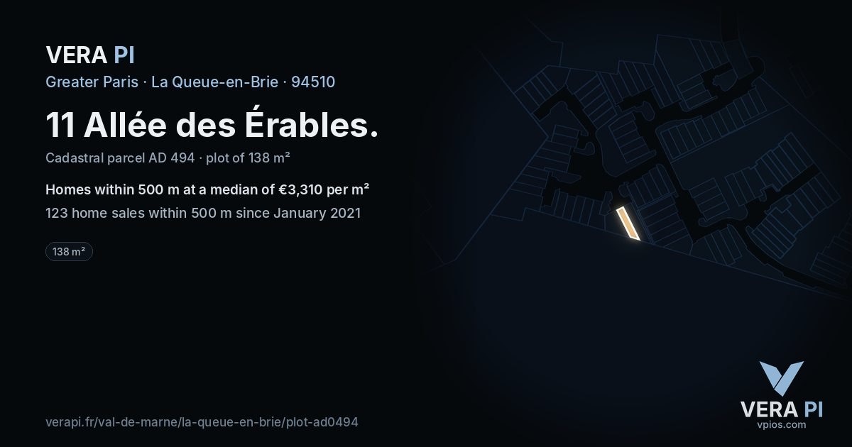 11 Allée des Érables, La Queue-en-Brie at night – the plot lit, the parcels around coloured by the prices near them