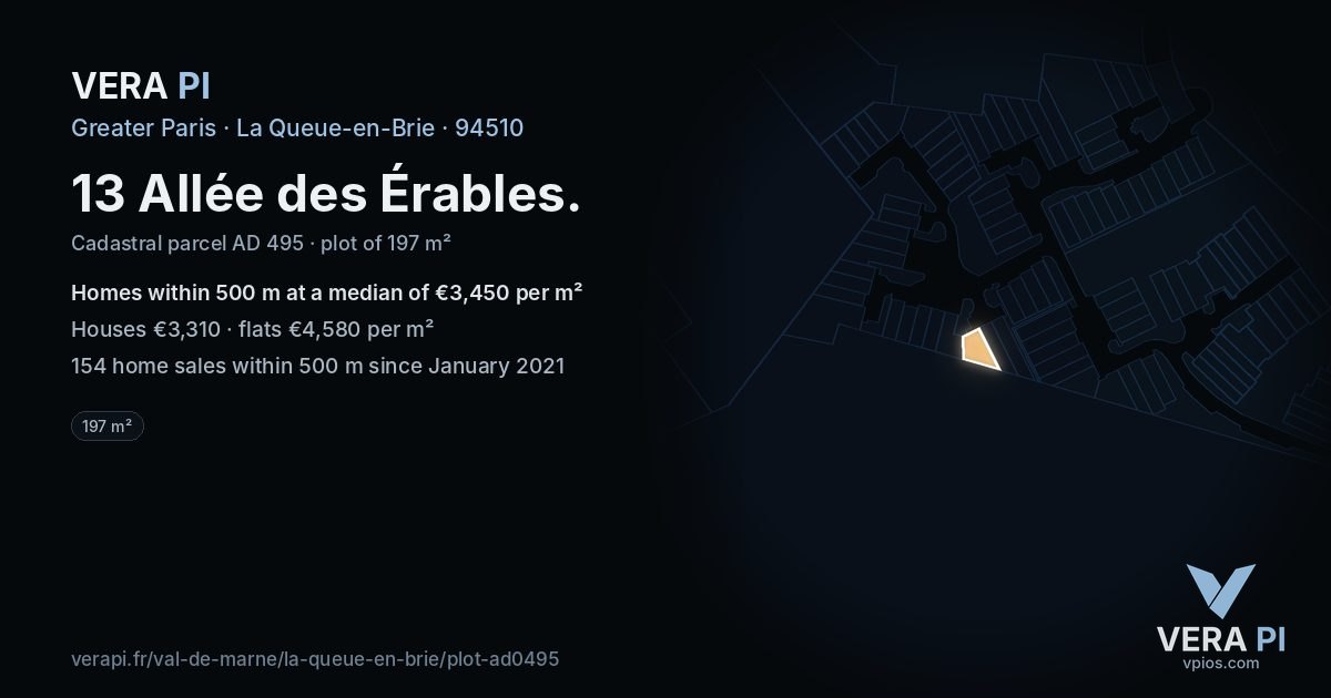 13 Allée des Érables, La Queue-en-Brie at night – the plot lit, the parcels around coloured by the prices near them