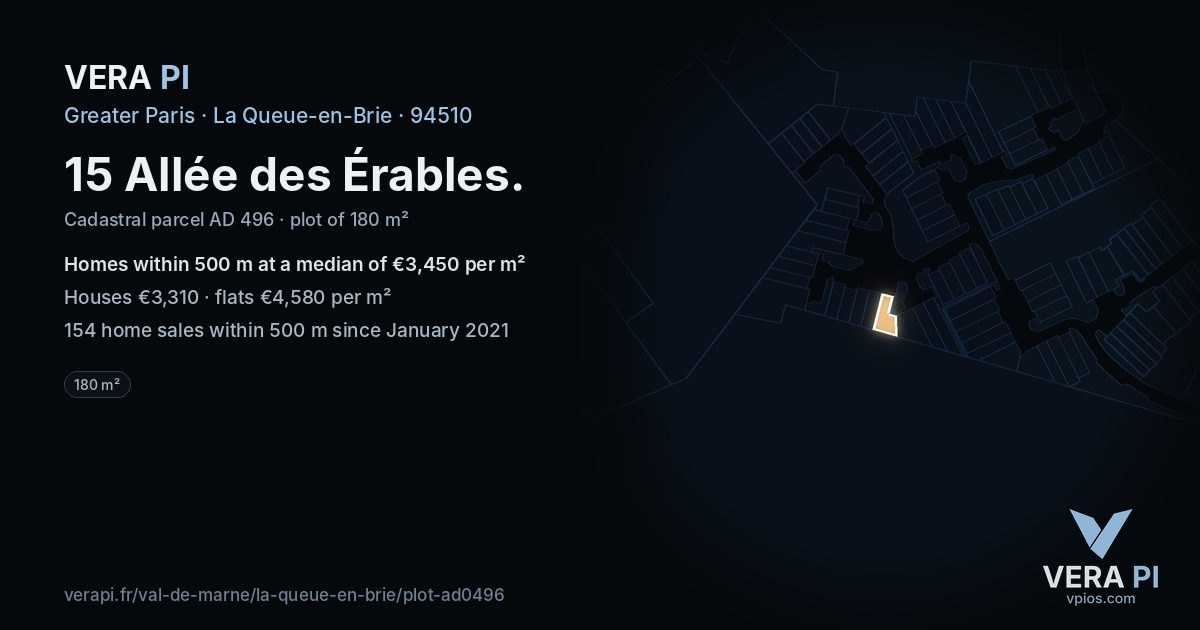 15 Allée des Érables, La Queue-en-Brie at night – the plot lit, the parcels around coloured by the prices near them