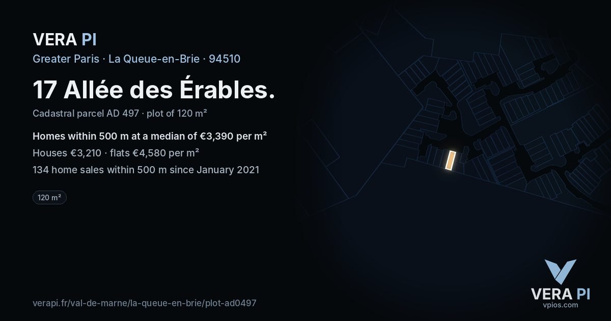 17 Allée des Érables, La Queue-en-Brie at night – the plot lit, the parcels around coloured by the prices near them