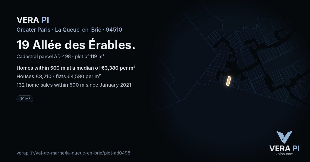 19 Allée des Érables, La Queue-en-Brie at night – the plot lit, the parcels around coloured by the prices near them