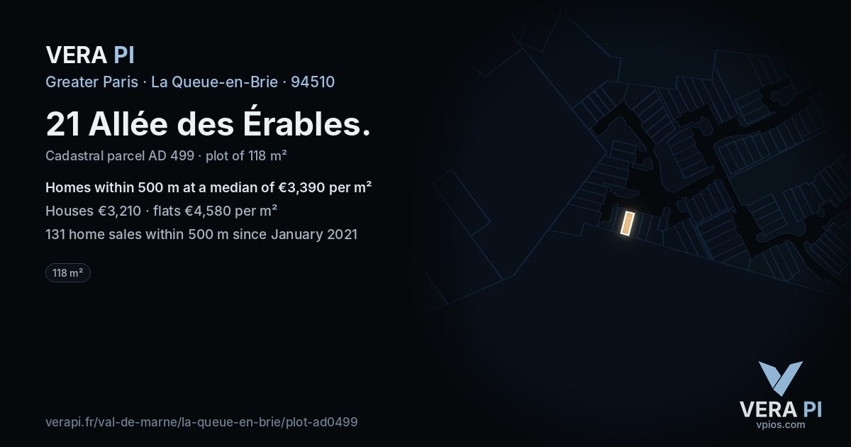 21 Allée des Érables, La Queue-en-Brie at night – the plot lit, the parcels around coloured by the prices near them