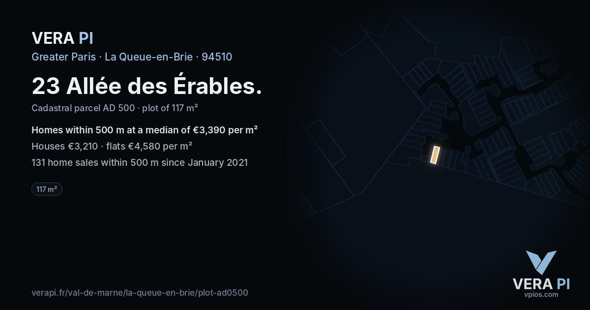 23 Allée des Érables, La Queue-en-Brie at night – the plot lit, the parcels around coloured by the prices near them