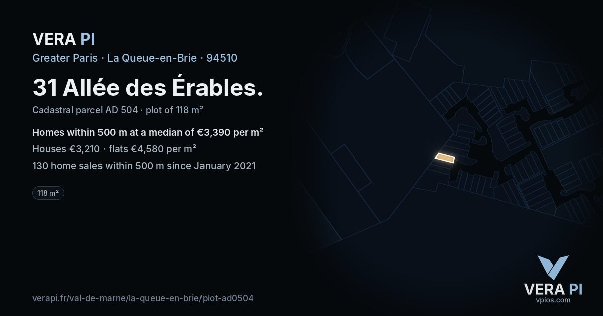 31 Allée des Érables, La Queue-en-Brie at night – the plot lit, the parcels around coloured by the prices near them