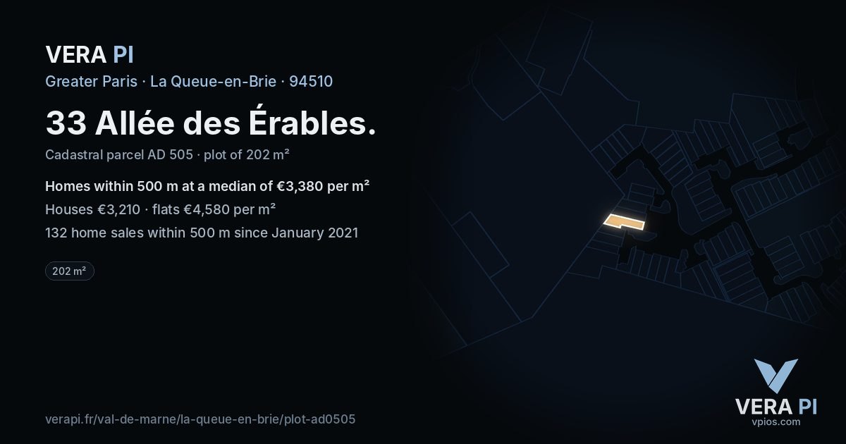33 Allée des Érables, La Queue-en-Brie at night – the plot lit, the parcels around coloured by the prices near them