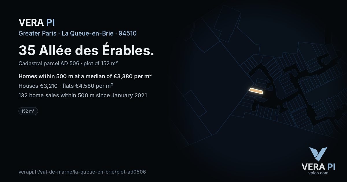 35 Allée des Érables, La Queue-en-Brie at night – the plot lit, the parcels around coloured by the prices near them