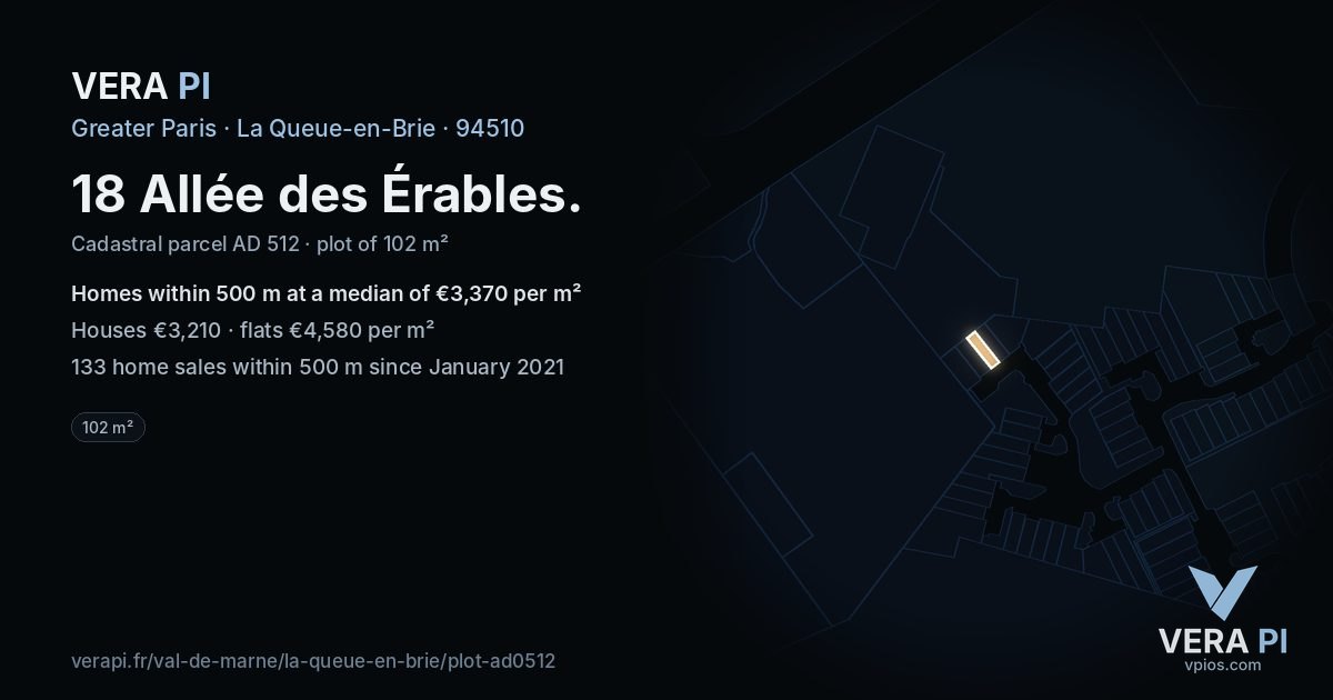 18 Allée des Érables, La Queue-en-Brie at night – the plot lit, the parcels around coloured by the prices near them