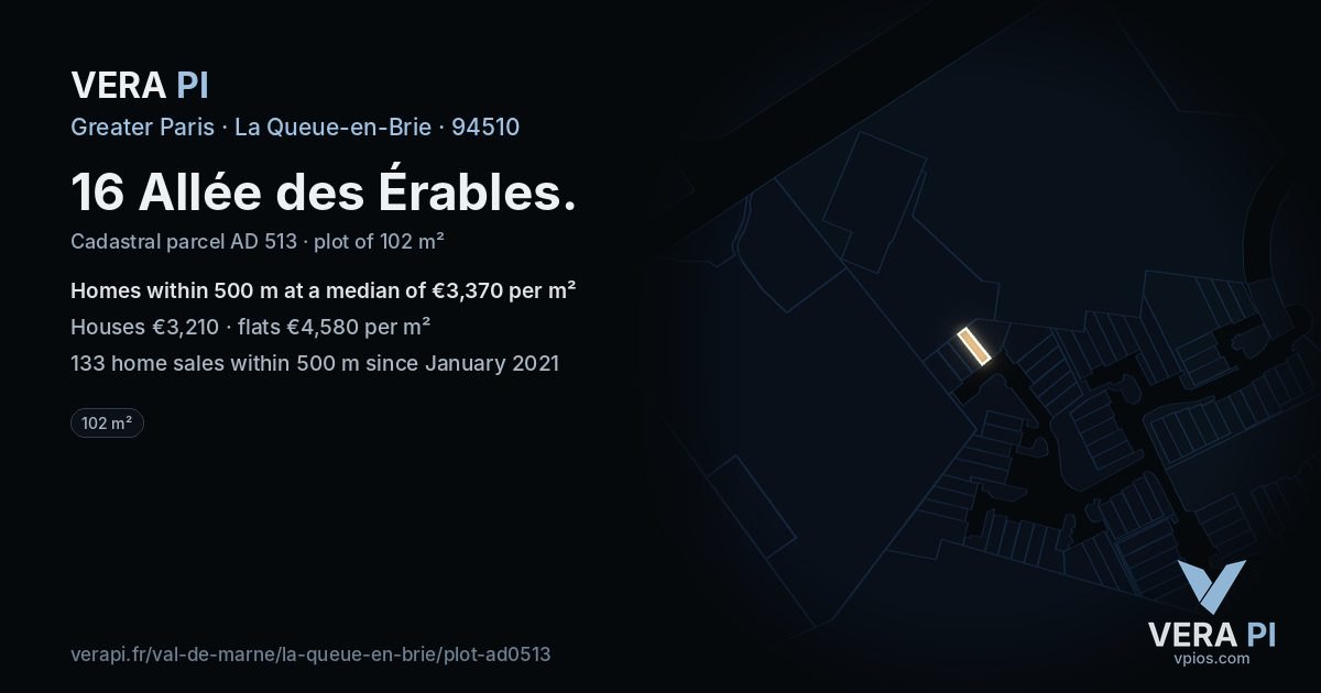16 Allée des Érables, La Queue-en-Brie at night – the plot lit, the parcels around coloured by the prices near them