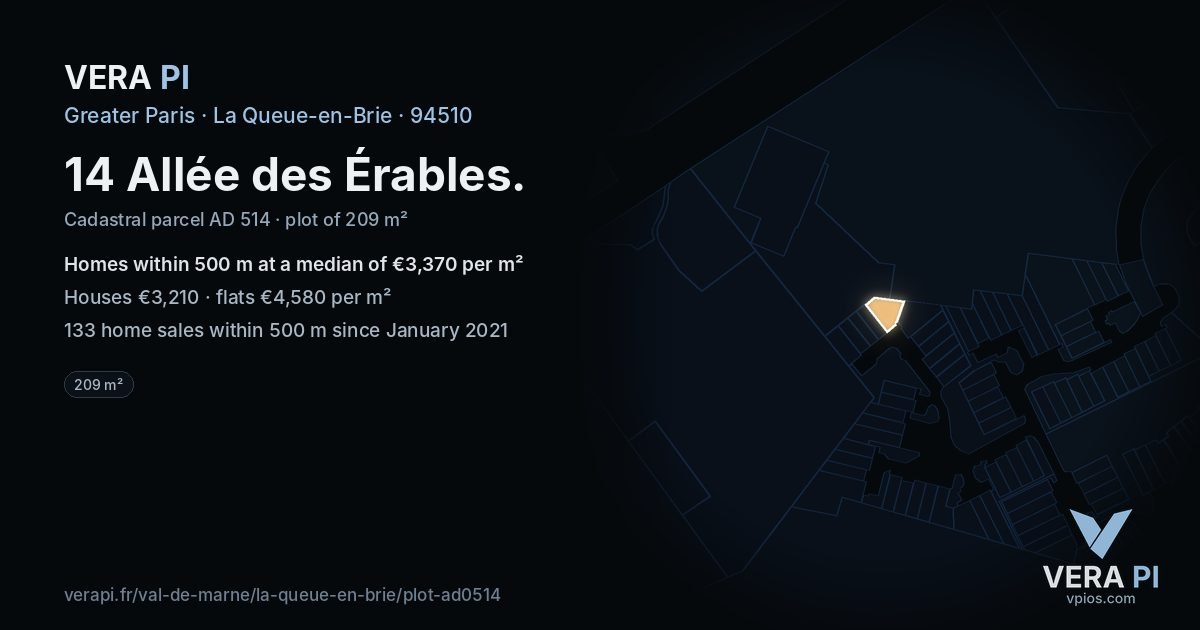 14 Allée des Érables, La Queue-en-Brie at night – the plot lit, the parcels around coloured by the prices near them