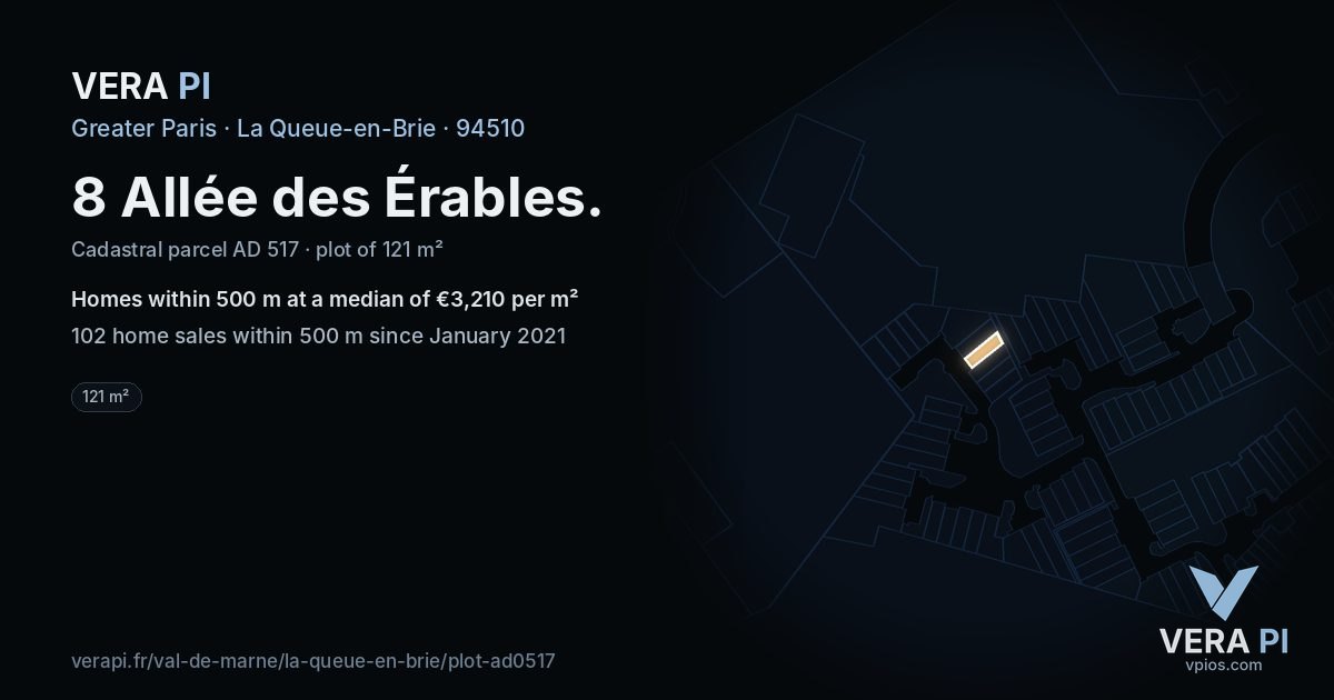 8 Allée des Érables, La Queue-en-Brie at night – the plot lit, the parcels around coloured by the prices near them