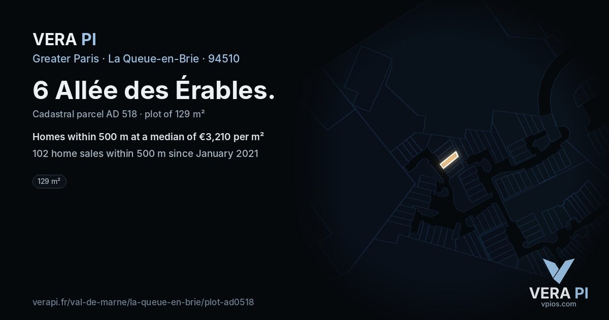 6 Allée des Érables, La Queue-en-Brie at night – the plot lit, the parcels around coloured by the prices near them
