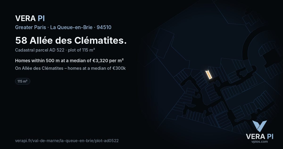 58 Allée des Clématites, La Queue-en-Brie at night – the plot lit, the parcels around coloured by the prices near them