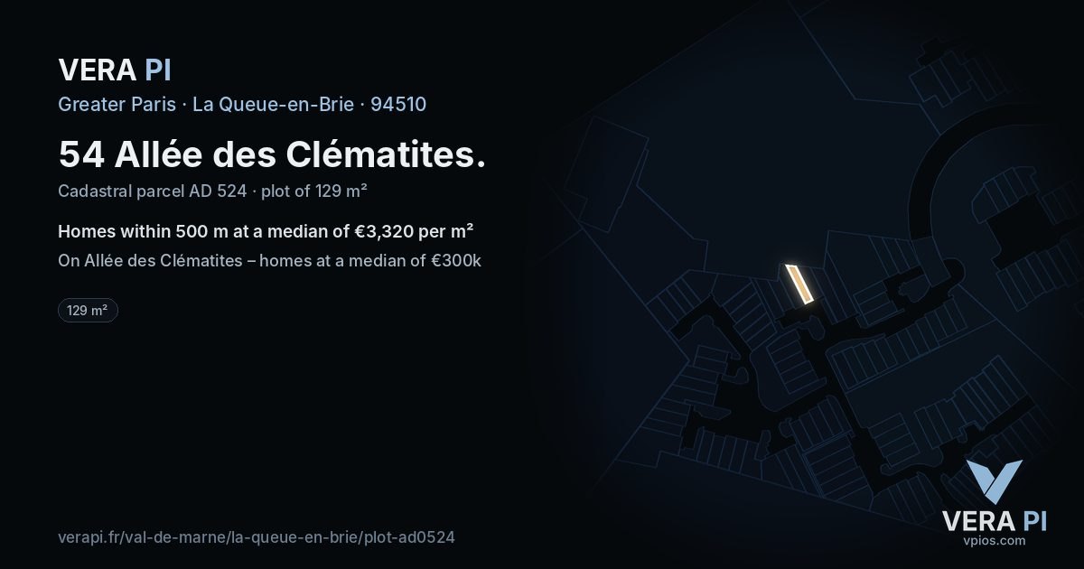 54 Allée des Clématites, La Queue-en-Brie at night – the plot lit, the parcels around coloured by the prices near them