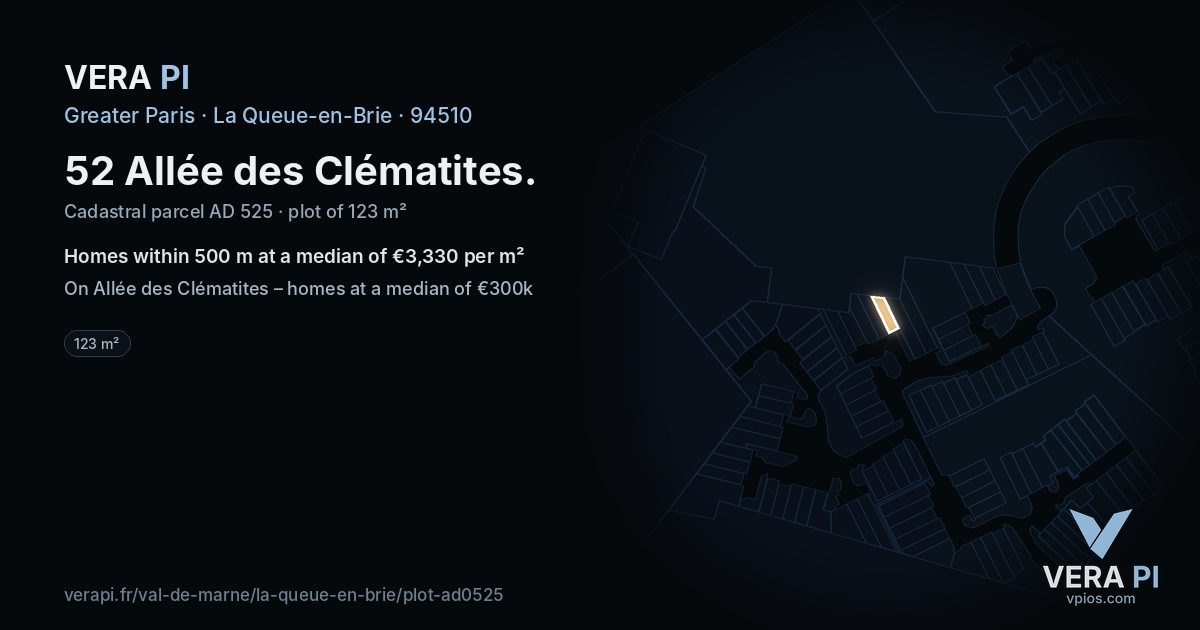 52 Allée des Clématites, La Queue-en-Brie at night – the plot lit, the parcels around coloured by the prices near them