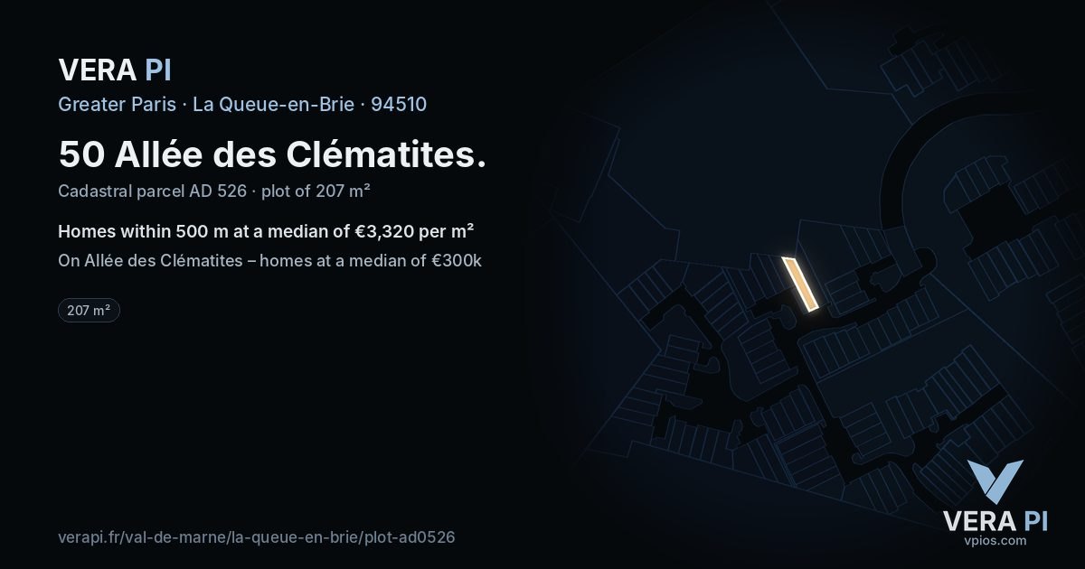 50 Allée des Clématites, La Queue-en-Brie at night – the plot lit, the parcels around coloured by the prices near them