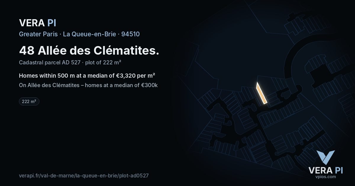 48 Allée des Clématites, La Queue-en-Brie at night – the plot lit, the parcels around coloured by the prices near them