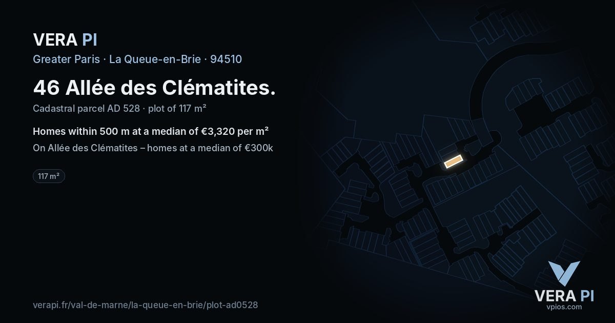 46 Allée des Clématites, La Queue-en-Brie at night – the plot lit, the parcels around coloured by the prices near them