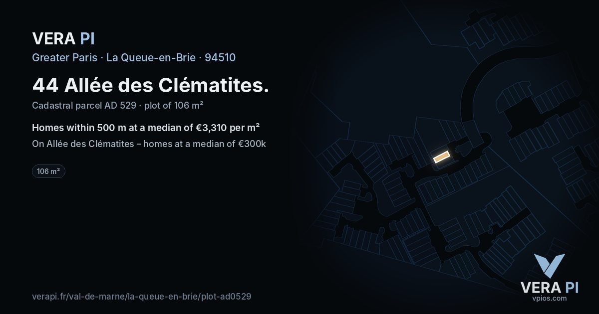 44 Allée des Clématites, La Queue-en-Brie at night – the plot lit, the parcels around coloured by the prices near them