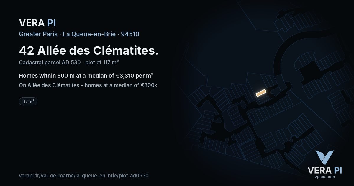 42 Allée des Clématites, La Queue-en-Brie at night – the plot lit, the parcels around coloured by the prices near them